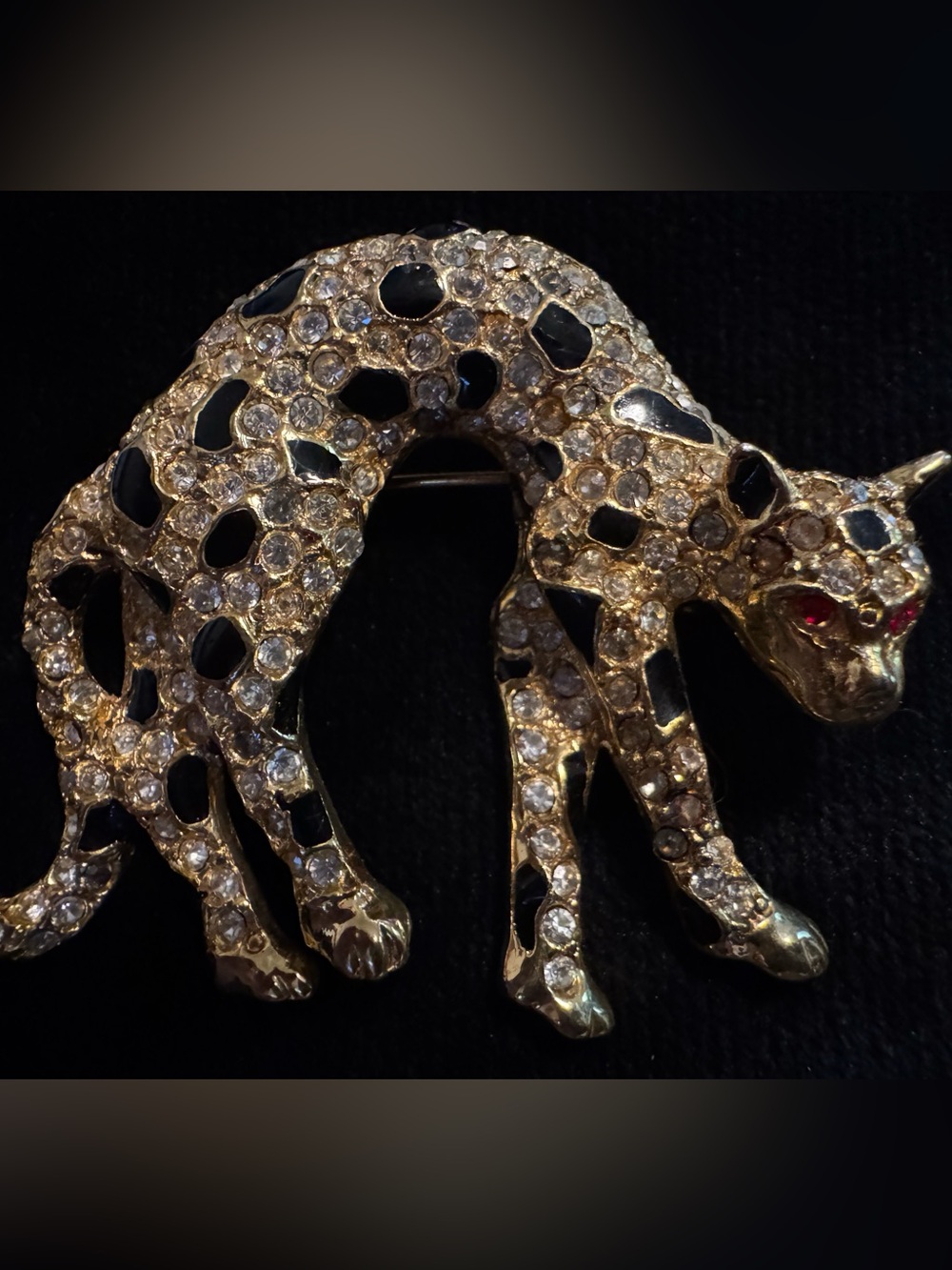 Vintage Crystal & Black Enamel Leopard Brooch - Women's Jewelry